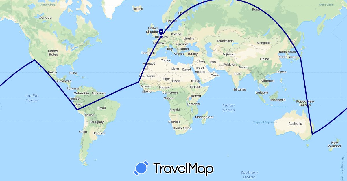 TravelMap itinerary: driving in Australia, Belgium, Japan, Peru, Senegal, United States (Africa, Asia, Europe, North America, Oceania, South America)
